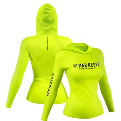 Camiseta Mar Negro Feminina X-Protection Poliamida com Capuz Neon (+50UV)