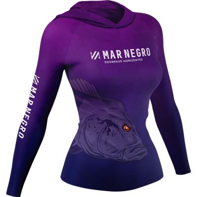 Camiseta Mar Negro Feminina X-Protection Sublimada com Capuz Tucunaré (+50UV)